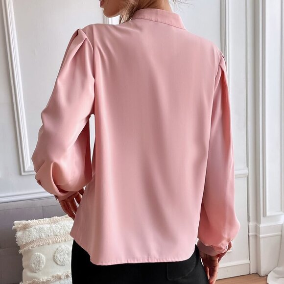 Baby Pink Elegant Women's Bishop Sleeve Button Up Blouse - Picture 2 of 6